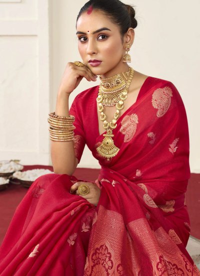 
                            Red Woven Silk Classic Saree