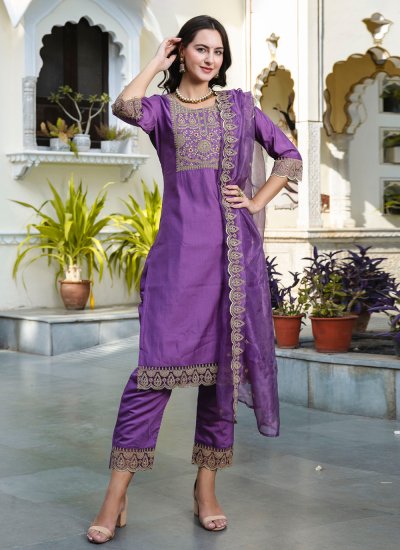 Renowned Embroidered Purple Silk Blend Salwar Suit