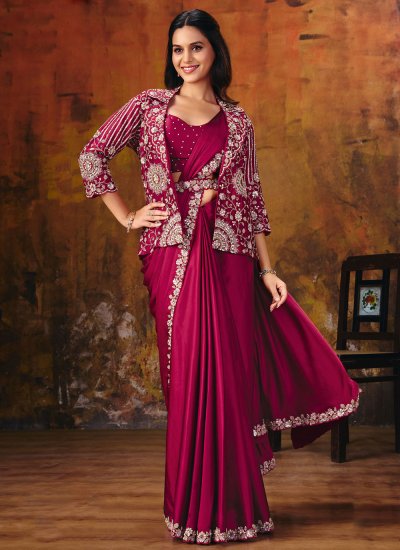 Renowned Stone Work Rani Satin Silk Contemporary Saree
