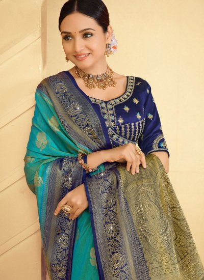 
                            Resplendent Woven Silk Aqua Blue Saree