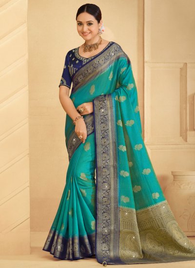 Resplendent Woven Silk Aqua Blue Saree