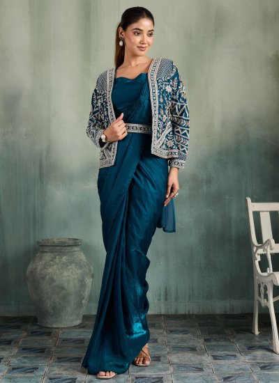 Ruritanian Embroidered Teal Fandy Contemporary Saree
