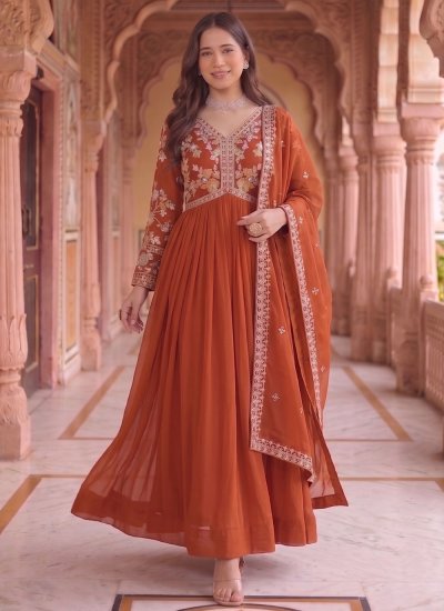 Rust Embroidered Georgette Designer Gown