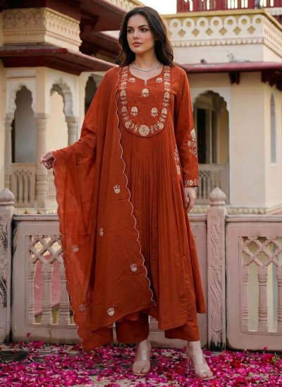 Rust Embroidered Party Salwar Kameez