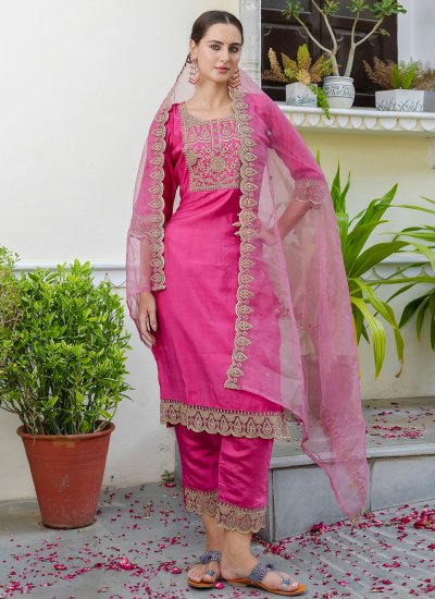 Salwar Kameez Embroidered Silk Blend in Pink