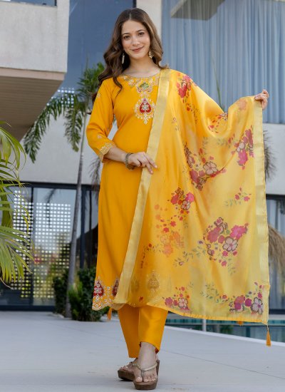 Salwar Suit Embroidered Chanderi in Yellow Colour