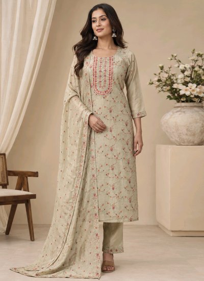 Salwar Suit Embroidered Silk in Cream Colour