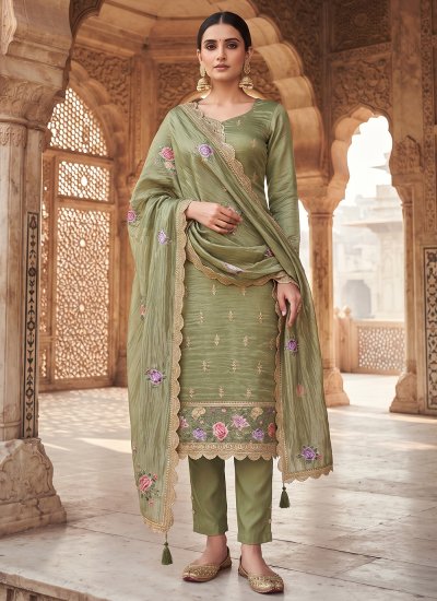 Salwar Suit Embroidered Silk in Green Colour