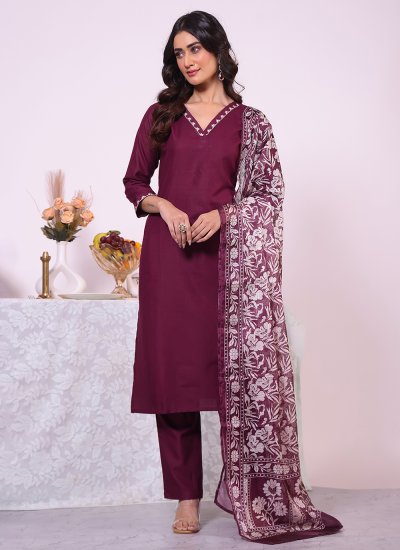 Salwar Suit Embroidered Silk in Wine