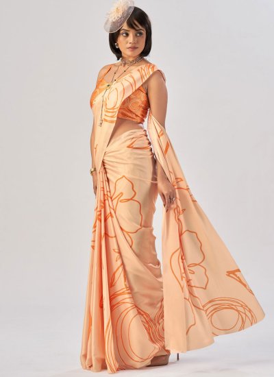 
                            Saree Printed Satin Silk in Orange