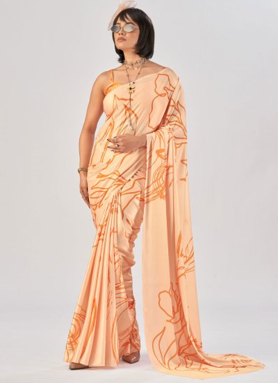 Saree Printed Satin Silk in Orange