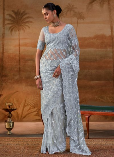Saree Sequins Net in Grey Colour