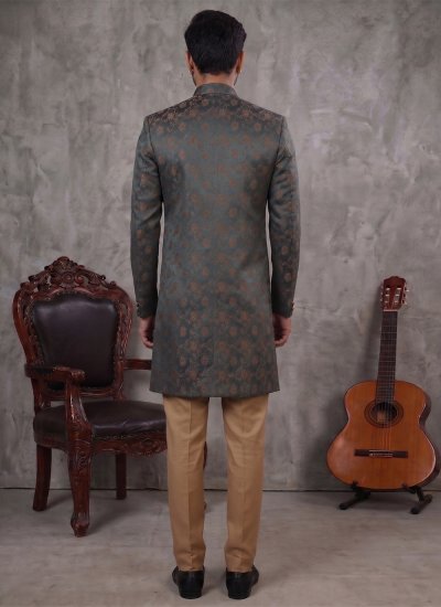 
                            Satin Buttons Teal Indo Western