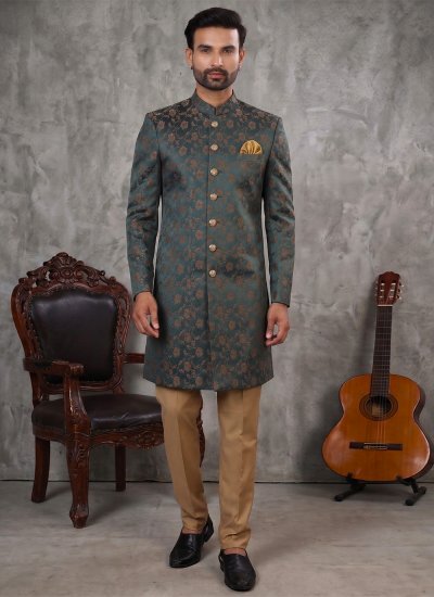 Satin Buttons Teal Indo Western