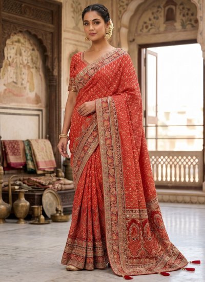 Satin Contemporary Saree in Orange Colour