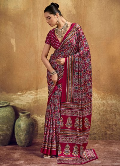 Satin Contemporary Saree in Rani Colour