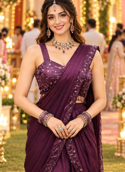 
                            Satin Embroidered Contemporary Saree in Wine Colour