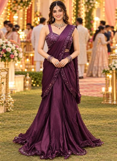 Satin Embroidered Contemporary Saree in Wine Colour