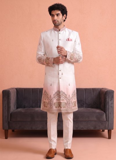 Satin Indo Western in Peach and White Colour