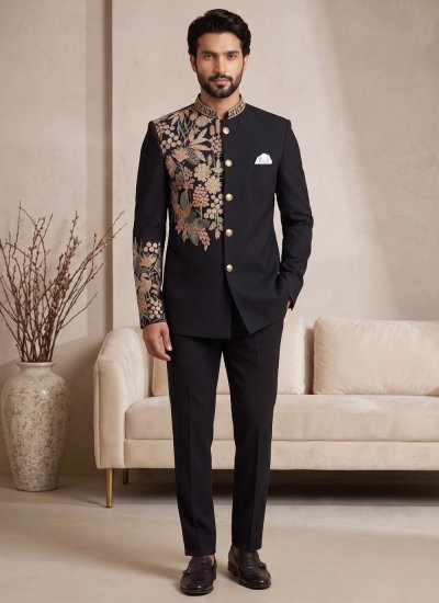 Satin Jodhpuri Suit in Black Colour