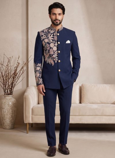 Satin Jodhpuri Suit in Blue Colour