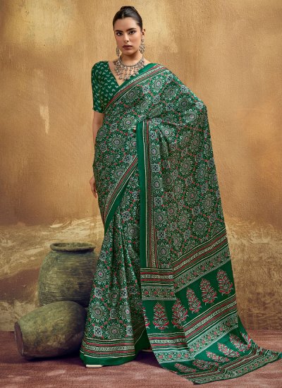 Satin Print Classic Saree in Green Colour