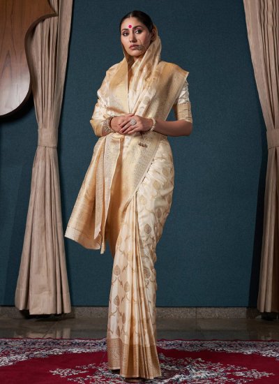 
                            Satin Silk Off White Contemporary Saree