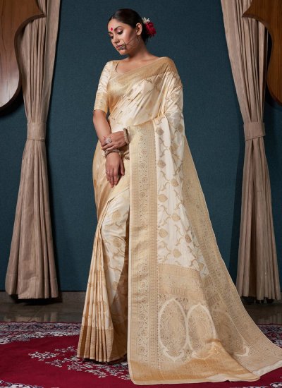 Satin Silk Off White Contemporary Saree