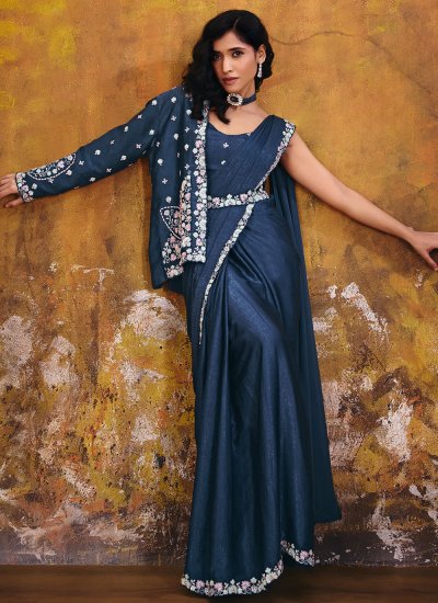 
                            Satin Silk Pearls Blue Trendy Saree