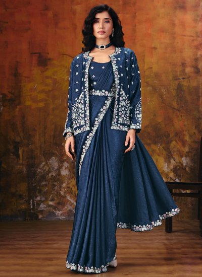 Satin Silk Pearls Blue Trendy Saree