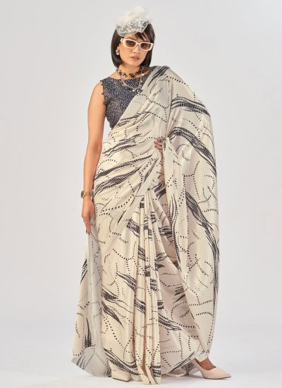 Satin Silk Printed Off White Traditional Saree