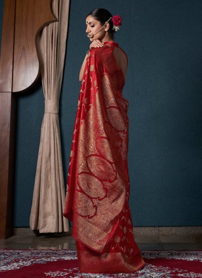 
                            Satin Silk Weaving Crimson Trendy Saree