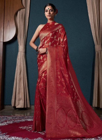 Satin Silk Weaving Crimson Trendy Saree