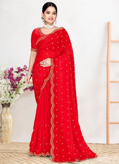 Satin Silk Zircon Red Classic Saree