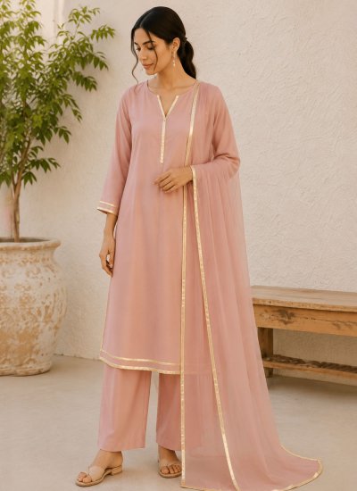 Savory Lace Cotton Pink Pant Style Suit