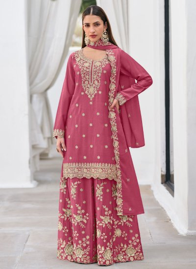 Scintillating Chinon Embroidered Pink Readymade Salwar Kameez