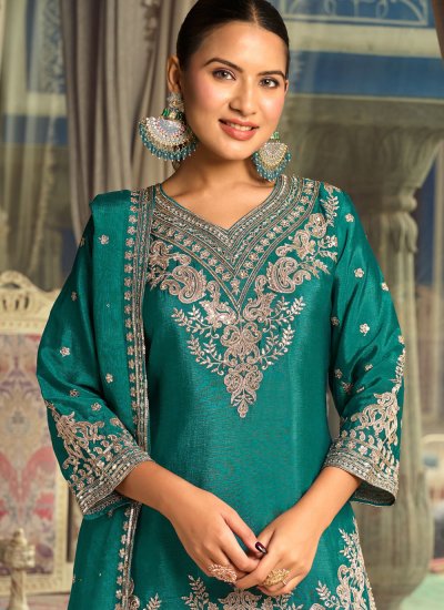 
                            Scintillating Silk Embroidered Rama Readymade Salwar Kameez