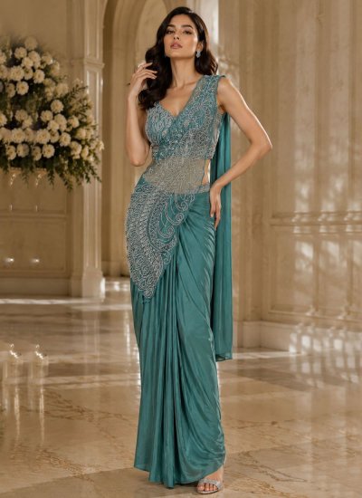Sea Green Beads Engagement Contemporary Saree