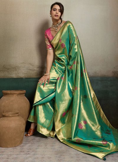 
                            Sea Green Ceremonial Banarasi Silk Classic Saree