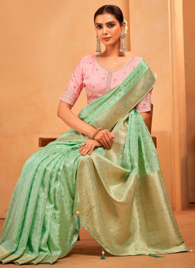 
                            Sea Green Silk Weaving Contemporary Saree