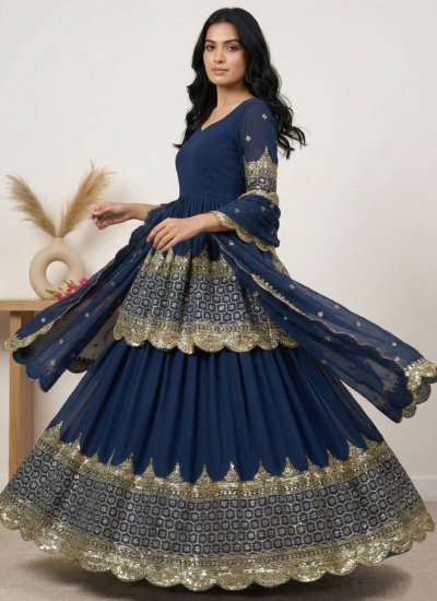 
                            Sequins Faux Georgette Lehenga Choli in Teal