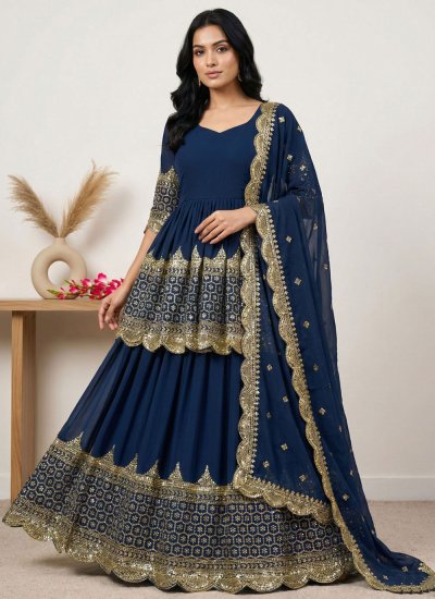 Sequins Faux Georgette Lehenga Choli in Teal