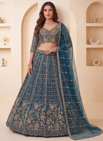 Sequins Net Lehenga Choli in Firozi Colour
