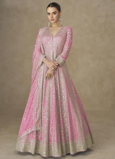 Sequins Silk Readymade Gown in Pink