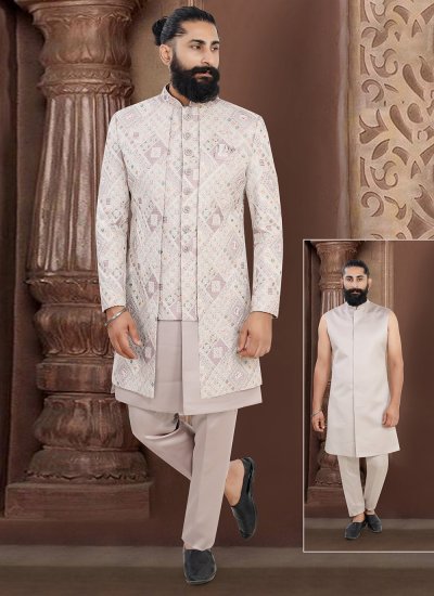 Sherwani Embroidered Jacquard in Lavender Colour