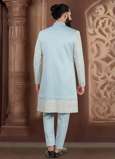 
                            Sherwani Embroidered Viscose in Aqua Blue Colour