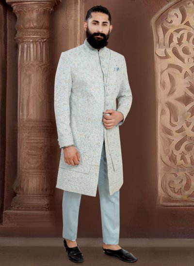 Sherwani Embroidered Viscose in Aqua Blue Colour