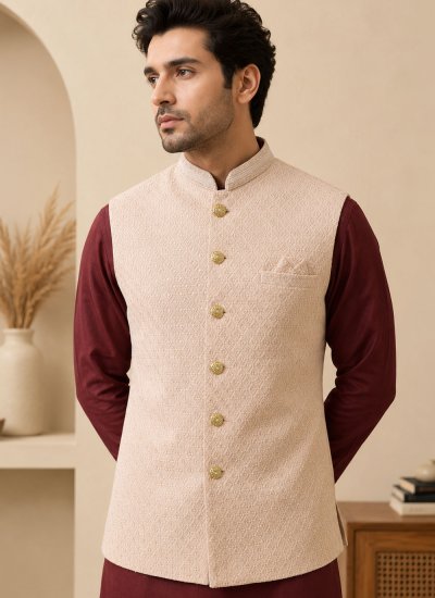 
                            Silk Beige and Maroon Kurta Payjama With Jacket
