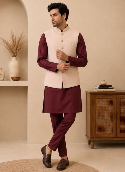Silk Beige and Maroon Kurta Payjama With Jacket