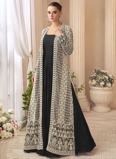 Silk Black Embroidered Trendy Gown